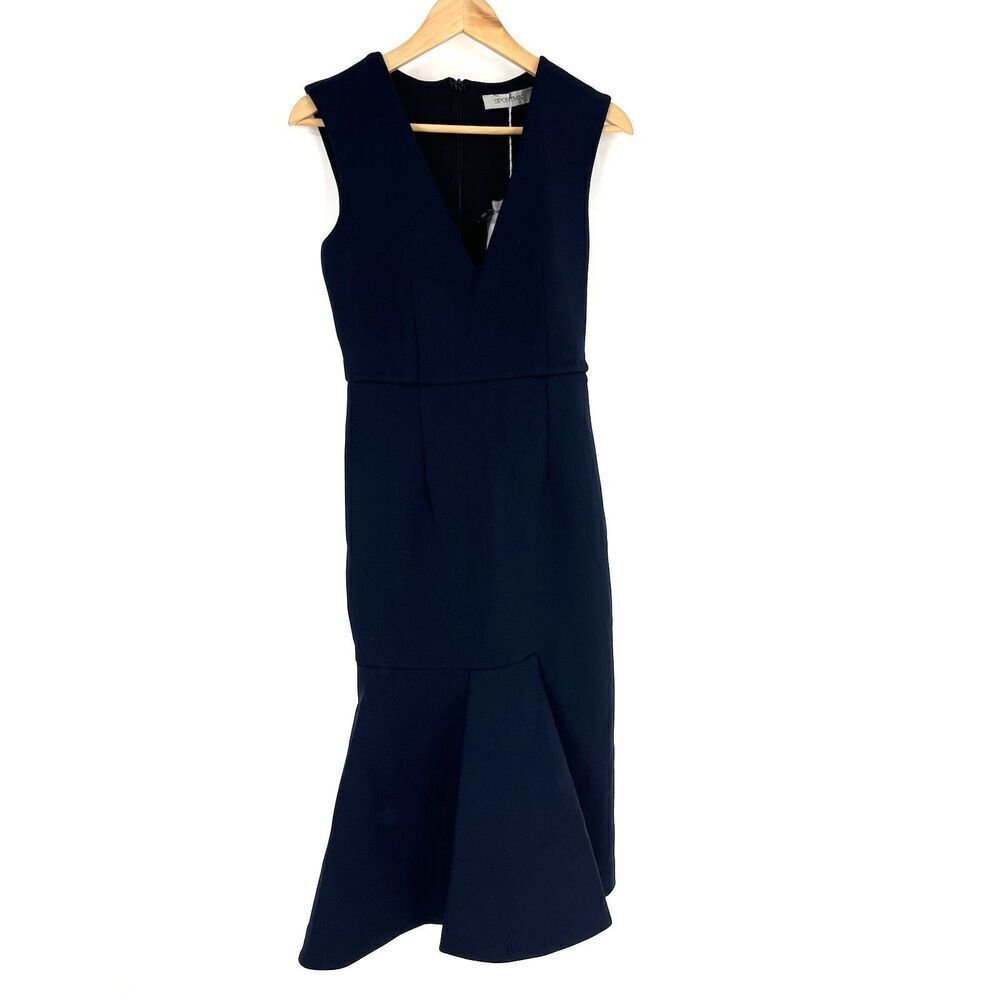 Max Mara Sportmax Dress Size Small Women Navy Mermaid Sheath V Neck Midi Stretch
